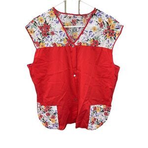 Vintage Apron Shirt 60's 70's Floral Fabric Smock Top Snap Front Pocket XXL